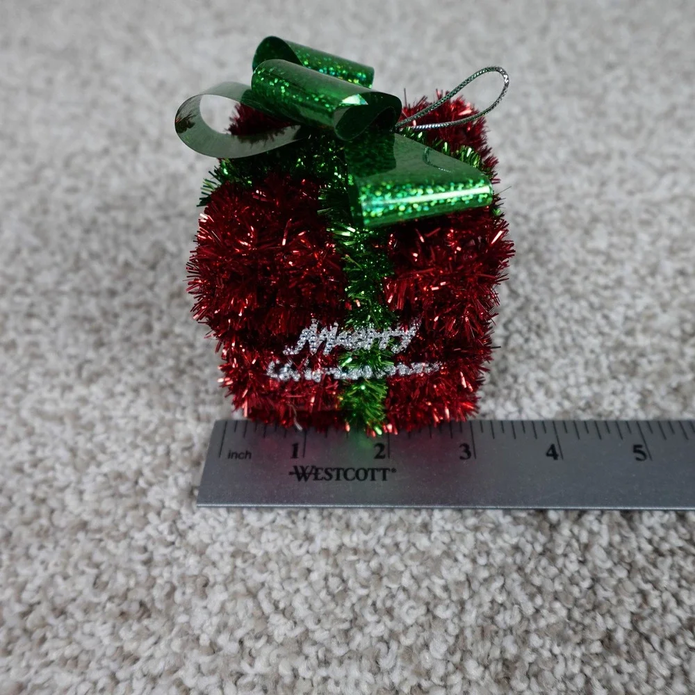 Red Green Tinsel Merry Christmas Gift Box Ornament Glitter Bow 3 Inch
